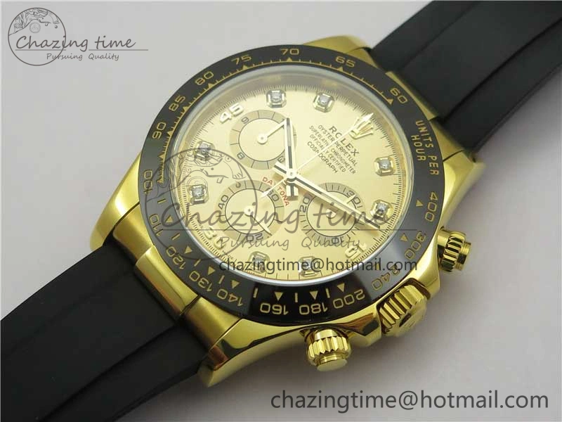 Daytona 116518 Noob 1:1 Best Edition YG Plated 904L SS Case Goid Diamonds Dial on Black Rubber Strap SA4130 V4 (Free Extra Strap)