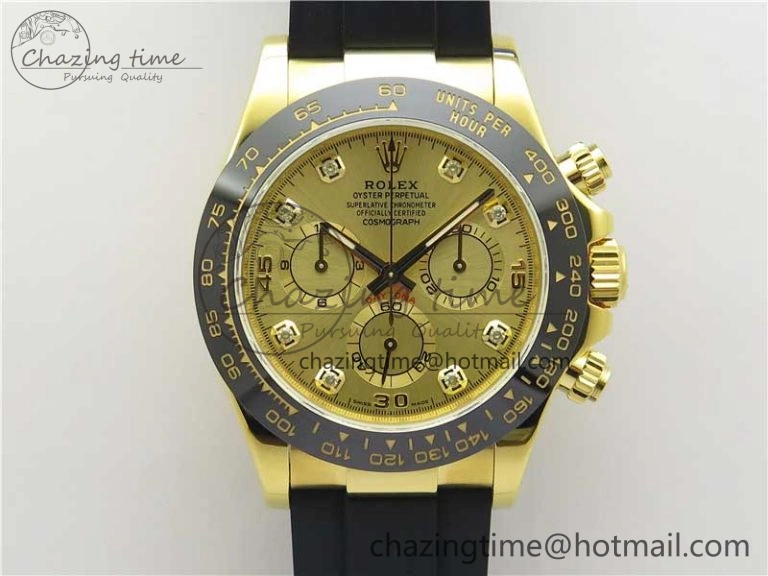 Daytona 116518 Noob 1:1 Best Edition YG Plated 904L SS Case Goid Diamonds Dial on Black Rubber Strap SA4130 V4 (Free Extra Strap)