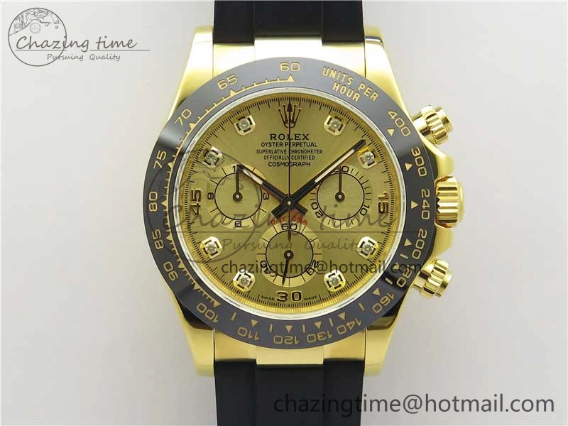 Daytona 116518 Noob 1:1 Best Edition YG Plated 904L SS Case Goid Diamonds Dial on Black Rubber Strap SA4130 V4 (Free Extra Strap)
