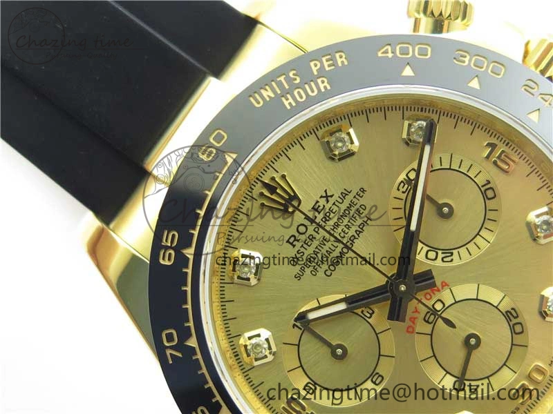 Daytona 116518 Noob 1:1 Best Edition YG Plated 904L SS Case Goid Diamonds Dial on Black Rubber Strap SA4130 V4 (Free Extra Strap)