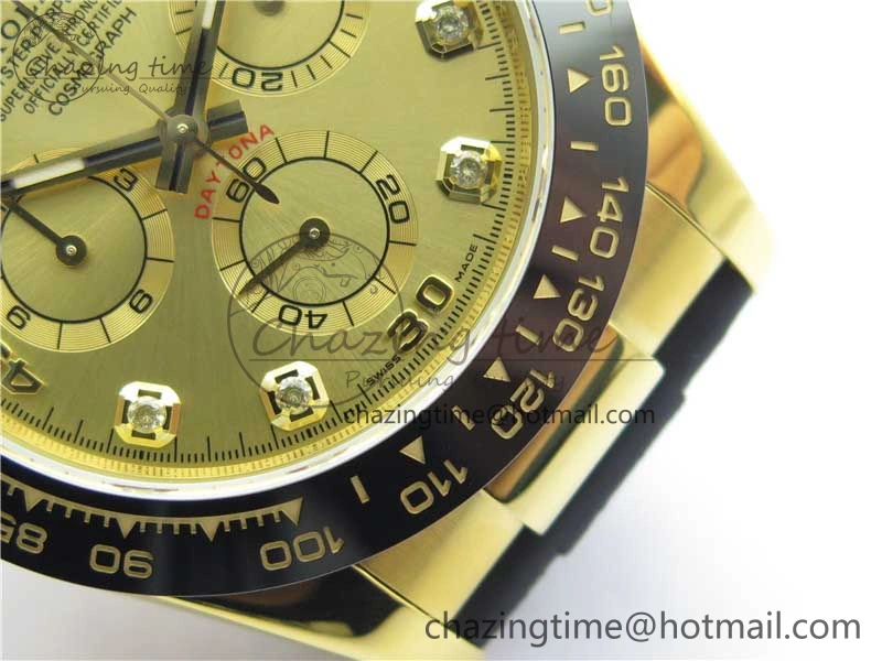 Daytona 116518 Noob 1:1 Best Edition YG Plated 904L SS Case Goid Diamonds Dial on Black Rubber Strap SA4130 V4 (Free Extra Strap)