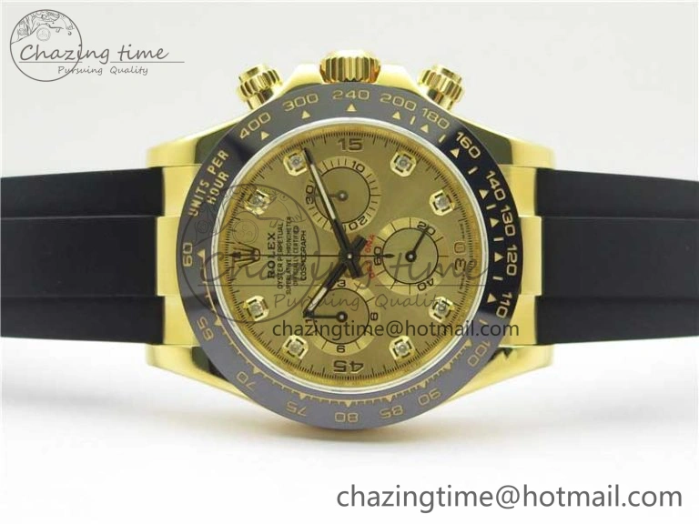 Daytona 116518 Noob 1:1 Best Edition YG Plated 904L SS Case Goid Diamonds Dial on Black Rubber Strap SA4130 V4 (Free Extra Strap)