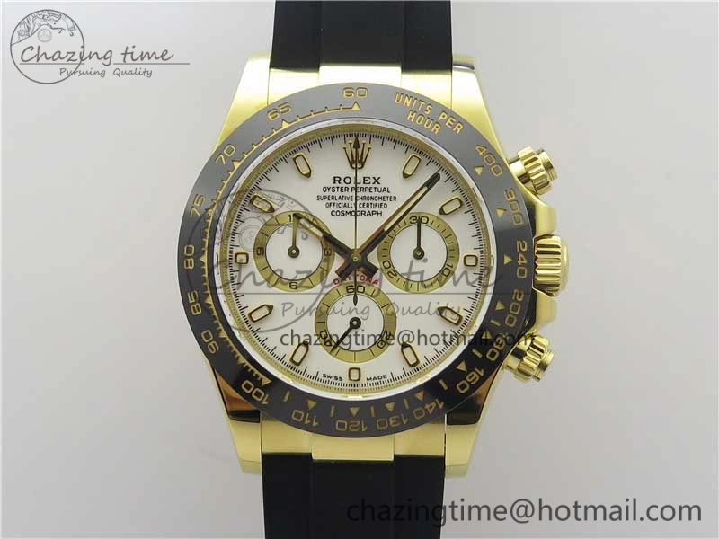 Daytona 116518 Noob 1:1 Best Edition YG Plated 904L SS Case White Dial on Black Rubber Strap SA4130 V3 (Free Extra Strap)