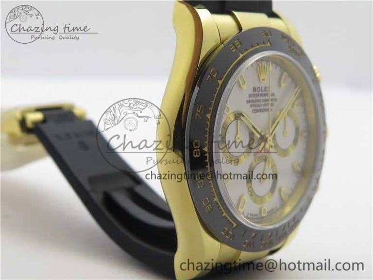 Daytona 116518 Noob 1:1 Best Edition YG Plated 904L SS Case White Dial on Black Rubber Strap SA4130 V3 (Free Extra Strap)