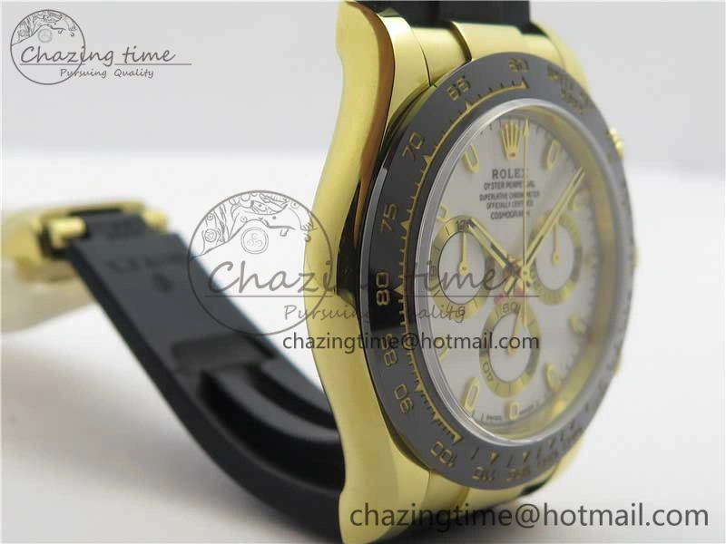 Daytona 116518 Noob 1:1 Best Edition YG Plated 904L SS Case White Dial on Black Rubber Strap SA4130 V3 (Free Extra Strap)