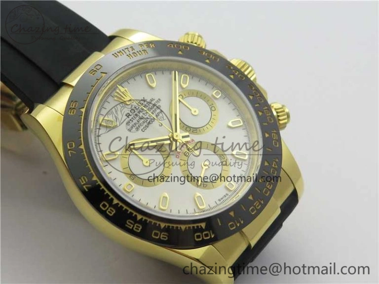 Daytona 116518 Noob 1:1 Best Edition YG Plated 904L SS Case White Dial on Black Rubber Strap SA4130 V3 (Free Extra Strap)
