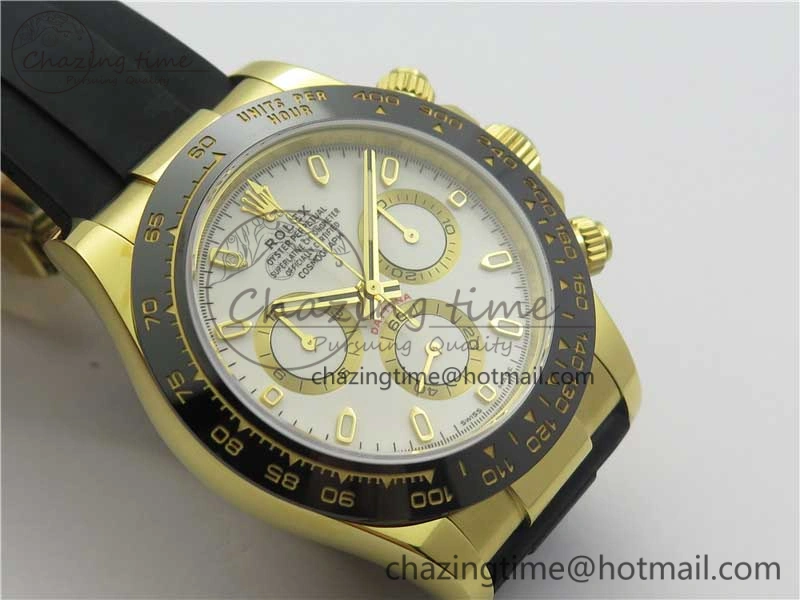 Daytona 116518 Noob 1:1 Best Edition YG Plated 904L SS Case White Dial on Black Rubber Strap SA4130 V3 (Free Extra Strap)