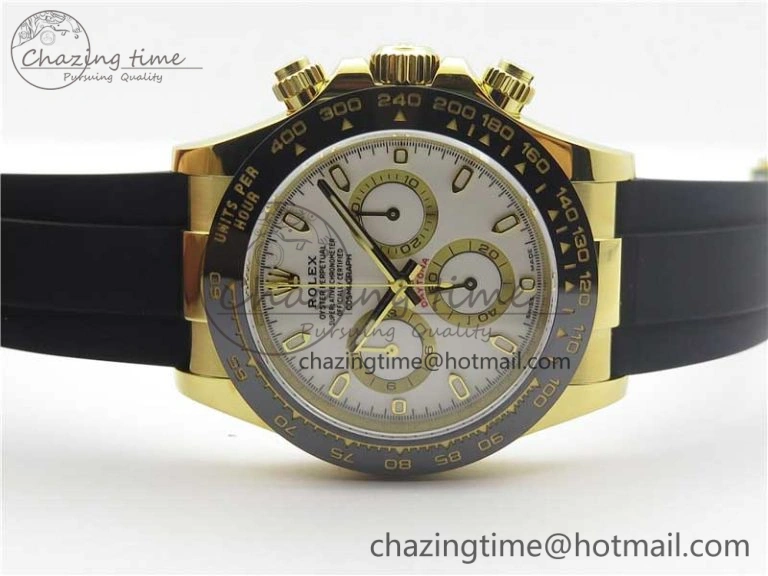Daytona 116518 Noob 1:1 Best Edition YG Plated 904L SS Case White Dial on Black Rubber Strap SA4130 V3 (Free Extra Strap)