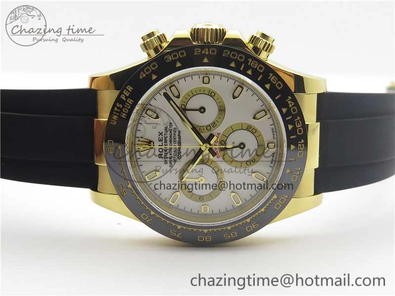 Daytona 116518 Noob 1:1 Best Edition YG Plated 904L SS Case White Dial on Black Rubber Strap SA4130 V3 (Free Extra Strap)
