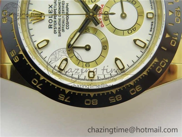 Daytona 116518 Noob 1:1 Best Edition YG Plated 904L SS Case White Dial on Black Rubber Strap SA4130 V3 (Free Extra Strap)