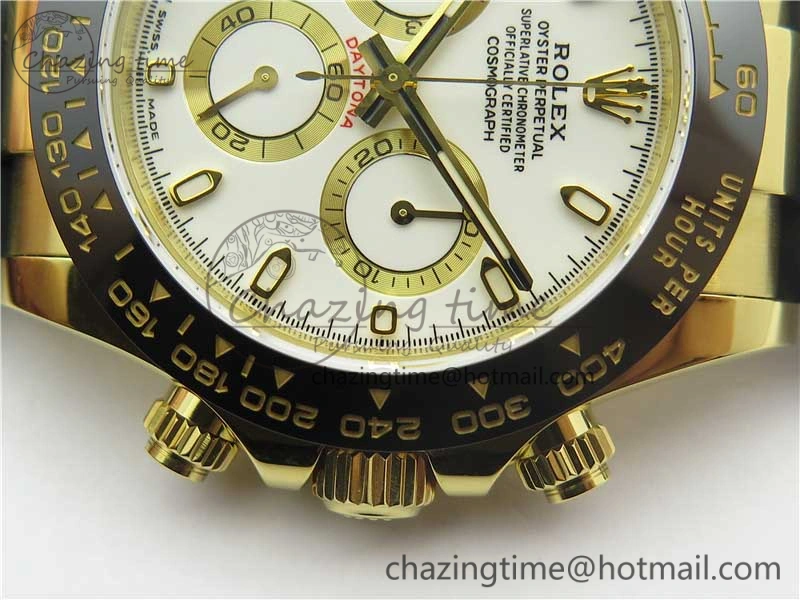 Daytona 116518 Noob 1:1 Best Edition YG Plated 904L SS Case White Dial on Black Rubber Strap SA4130 V3 (Free Extra Strap)