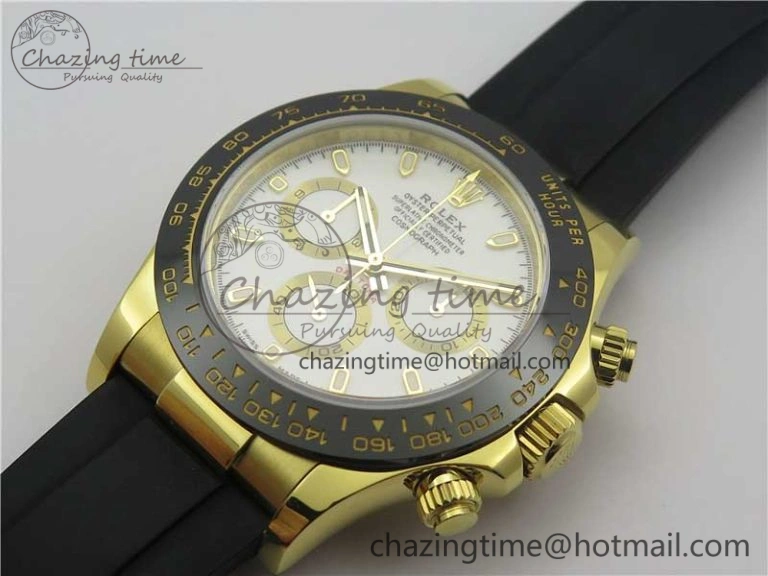 Daytona 116518 Noob 1:1 Best Edition YG Plated 904L SS Case White Dial on Black Rubber Strap SA4130 V3 (Free Extra Strap)