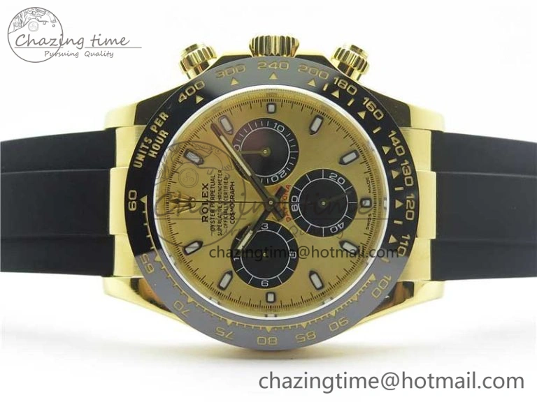 Daytona 116518 Noob 1:1 Best Edition YG Plated 904L SS Case YG Black Dial on Black Rubber Strap SA4130 V3 (Free Extra Strap)