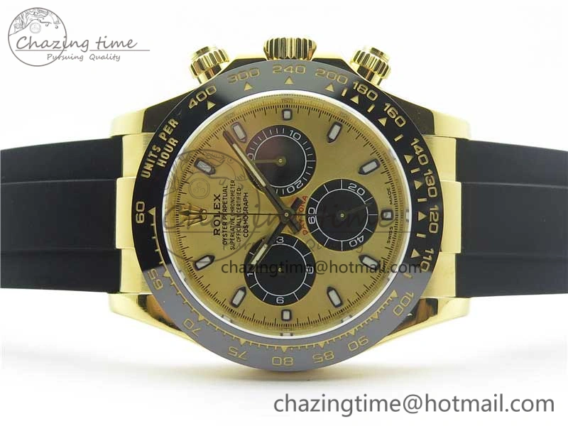Daytona 116518 Noob 1:1 Best Edition YG Plated 904L SS Case YG Black Dial on Black Rubber Strap SA4130 V3 (Free Extra Strap)