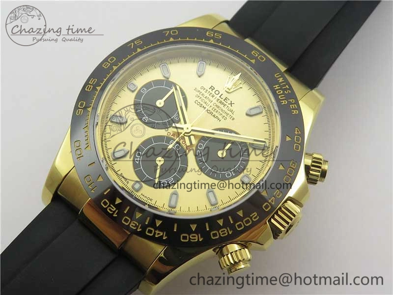 Daytona 116518 Noob 1:1 Best Edition YG Plated 904L SS Case YG Black Dial on Black Rubber Strap SA4130 V3 (Free Extra Strap)