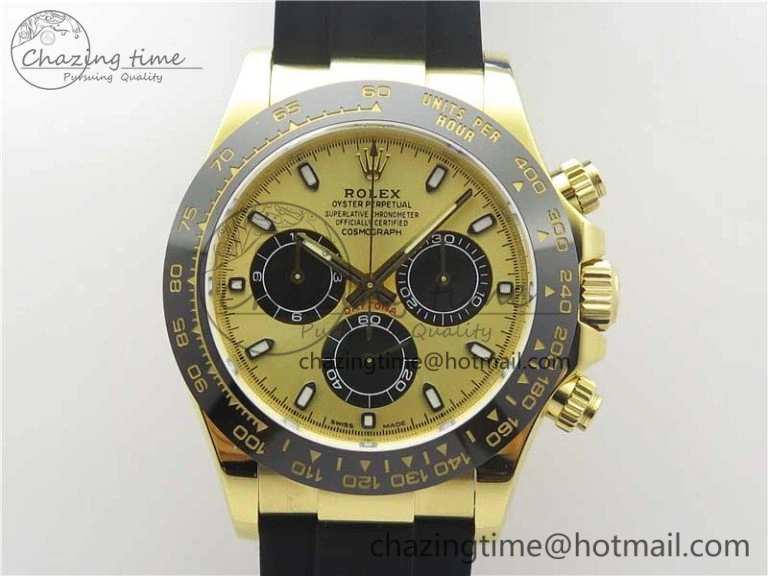 Daytona 116518 Noob 1:1 Best Edition YG Plated 904L SS Case YG Black Dial on Black Rubber Strap SA4130 V3 (Free Extra Strap)