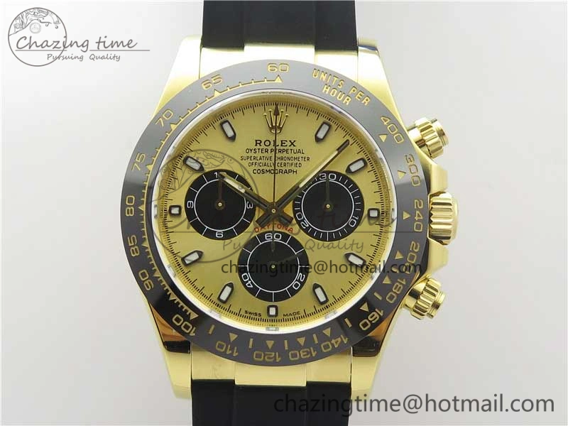 Daytona 116518 Noob 1:1 Best Edition YG Plated 904L SS Case YG Black Dial on Black Rubber Strap SA4130 V3 (Free Extra Strap)