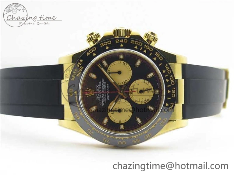 Daytona 116518 Paul Newman Noob 1:1 Best Edition YG Plated 904L SS Case Black Gold Dial on Black Rubber Strap SA4130 V3 (Free Extra Strap)