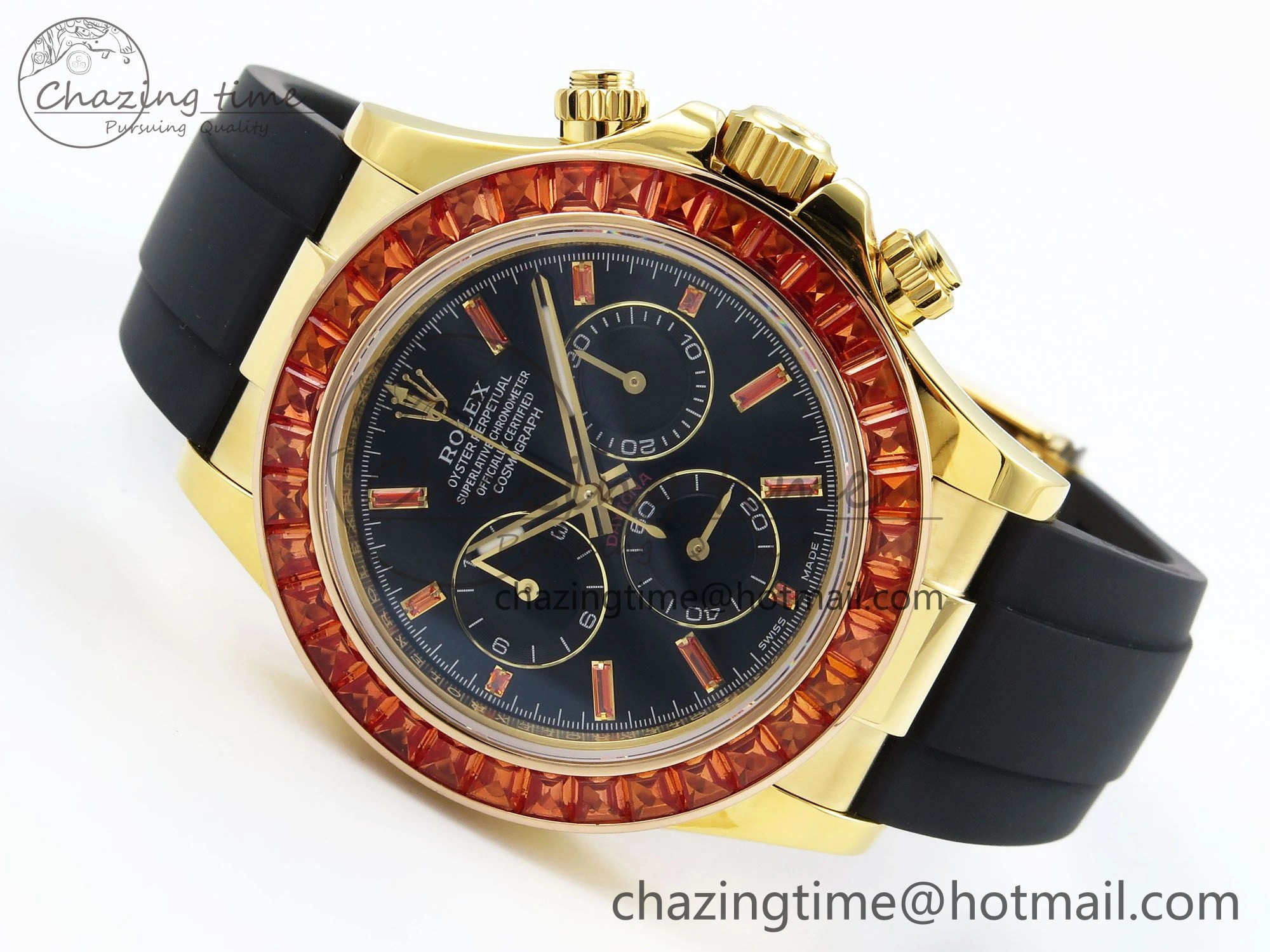 Daytona 116518 YG Orange Crystal Bezel N6F Best Edition Black Dial on Oysterflex Strap SA4130