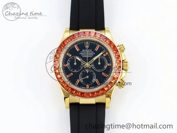 Daytona 116518 YG Orange Crystal Bezel N6F Best Edition Black Dial on Oysterflex Strap SA4130