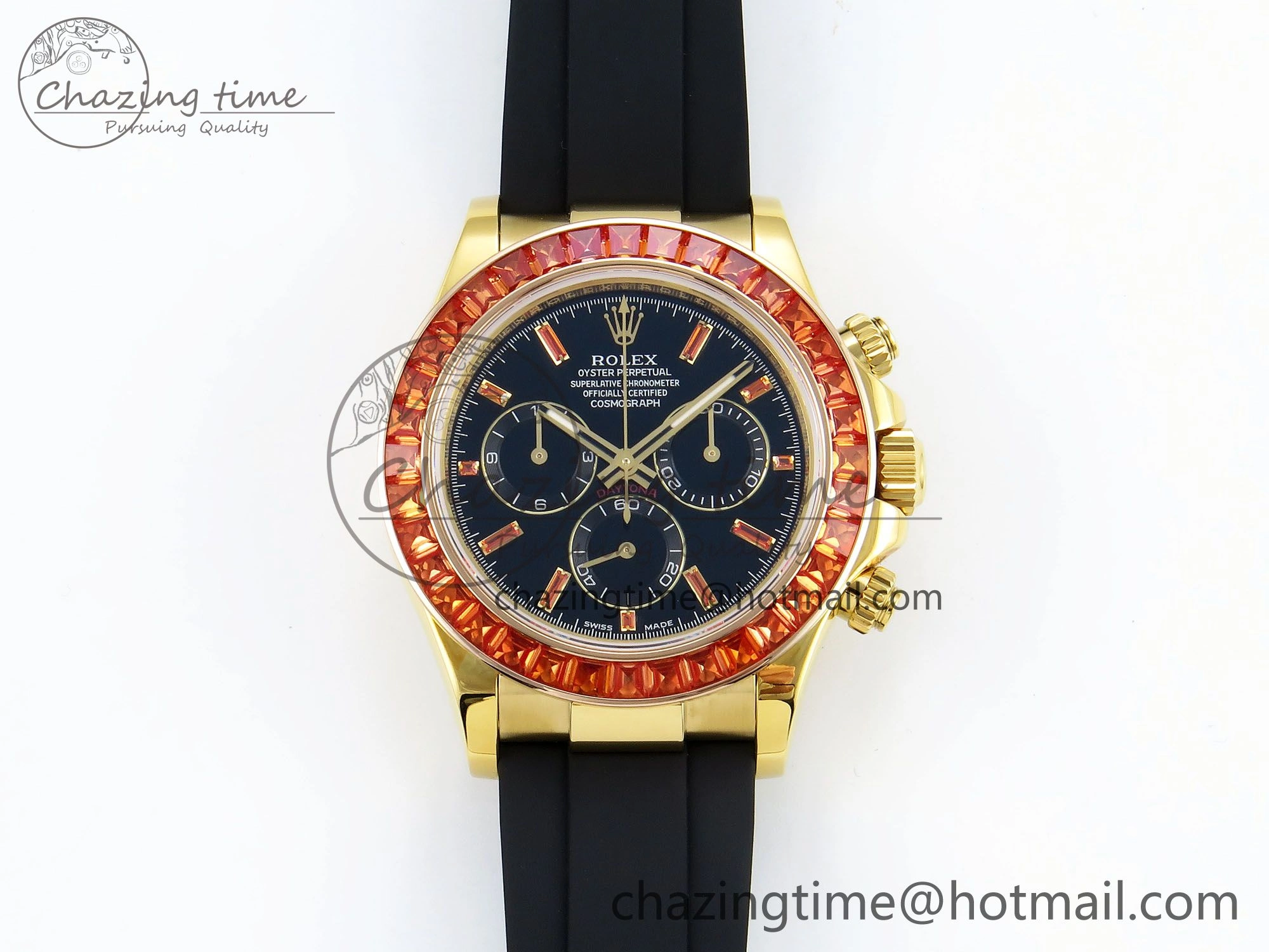 Daytona 116518 YG Orange Crystal Bezel N6F Best Edition Black Dial on Oysterflex Strap SA4130