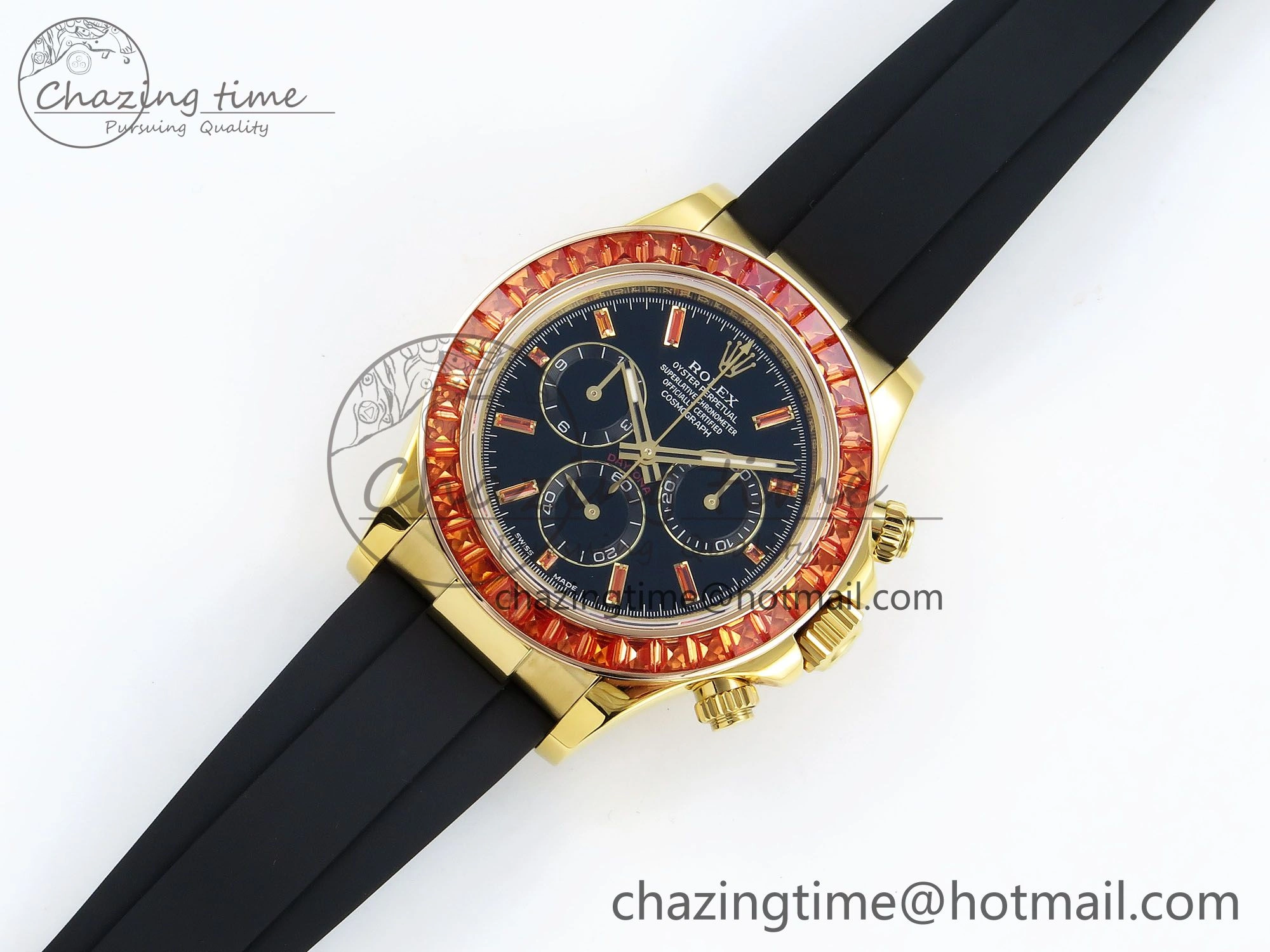 Daytona 116518 YG Orange Crystal Bezel N6F Best Edition Black Dial on Oysterflex Strap SA4130