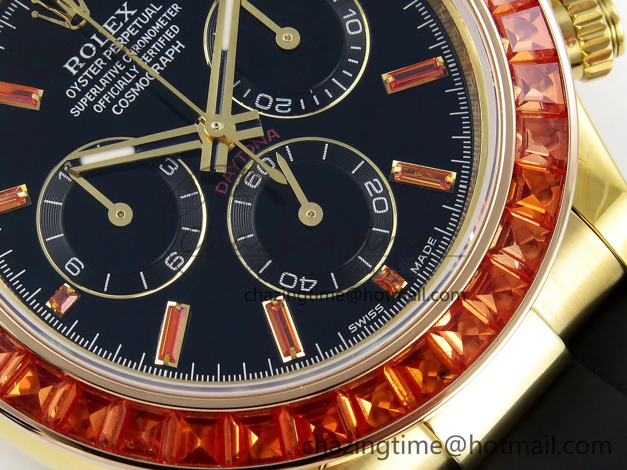 Daytona 116518 YG Orange Crystal Bezel N6F Best Edition Black Dial on Oysterflex Strap SA4130