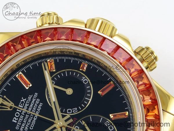 Daytona 116518 YG Orange Crystal Bezel N6F Best Edition Black Dial on Oysterflex Strap SA4130