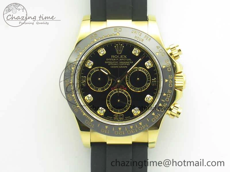 Daytona 116518LN YG JH Best Black Diam Dial On Rubber Strap A4130 (Free XS Rubber )
