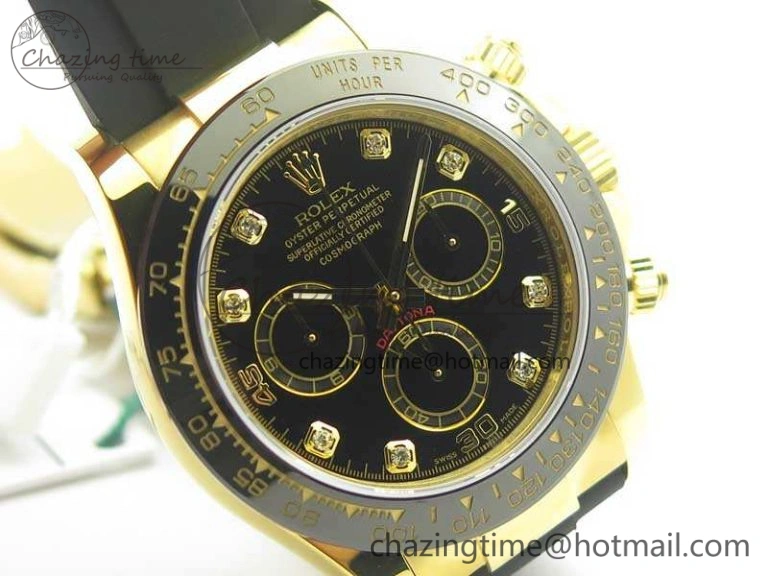 Daytona 116518LN YG JH Best Black Diam Dial On Rubber Strap A4130 (Free XS Rubber )