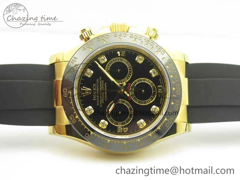 Daytona 116518LN YG JH Best Black Diam Dial On Rubber Strap A4130 (Free XS Rubber )