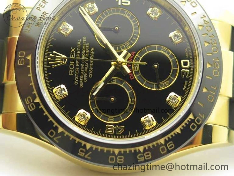 Daytona 116518LN YG JH Best Black Diam Dial On Rubber Strap A4130 (Free XS Rubber )