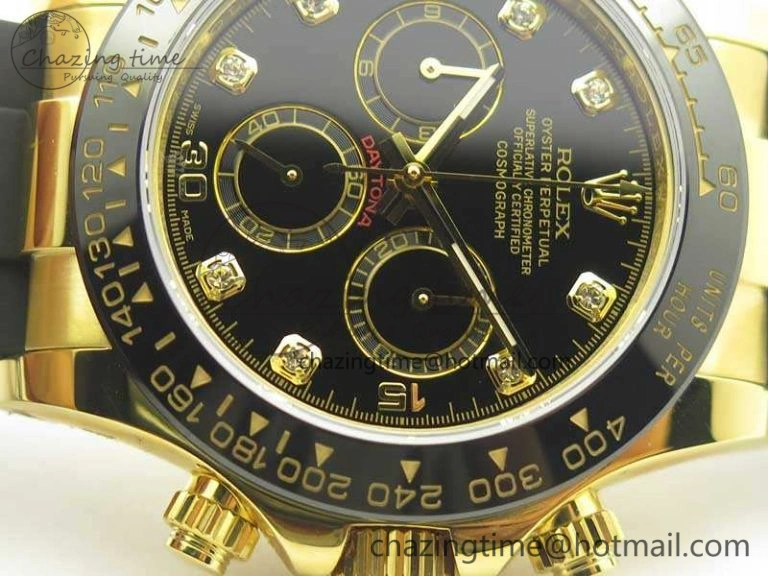 Daytona 116518LN YG JH Best Black Diam Dial On Rubber Strap A4130 (Free XS Rubber )