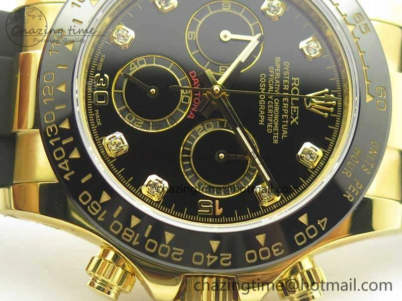 Daytona 116518LN YG JH Best Black Diam Dial On Rubber Strap A4130 (Free XS Rubber )