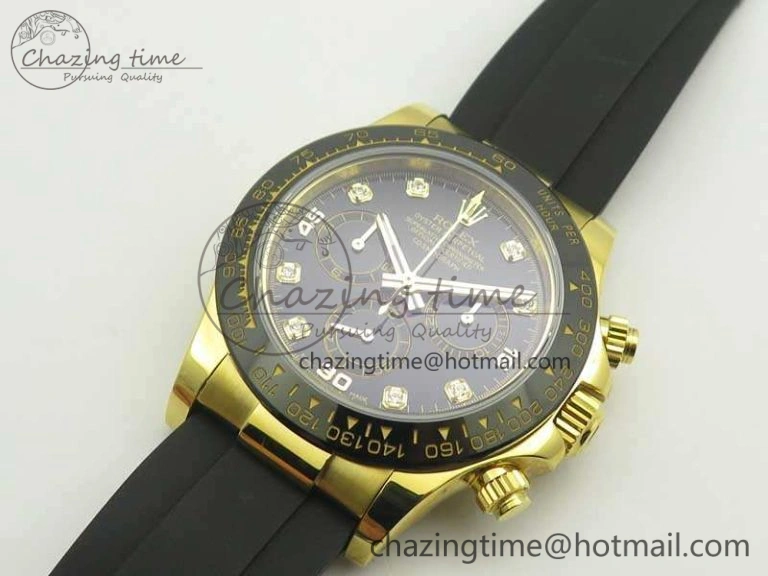 Daytona 116518LN YG JH Best Black Diam Dial On Rubber Strap A4130 (Free XS Rubber )