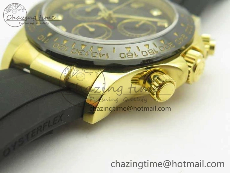 Daytona 116518LN YG JH Best Black Diam Dial On Rubber Strap A4130 (Free XS Rubber )