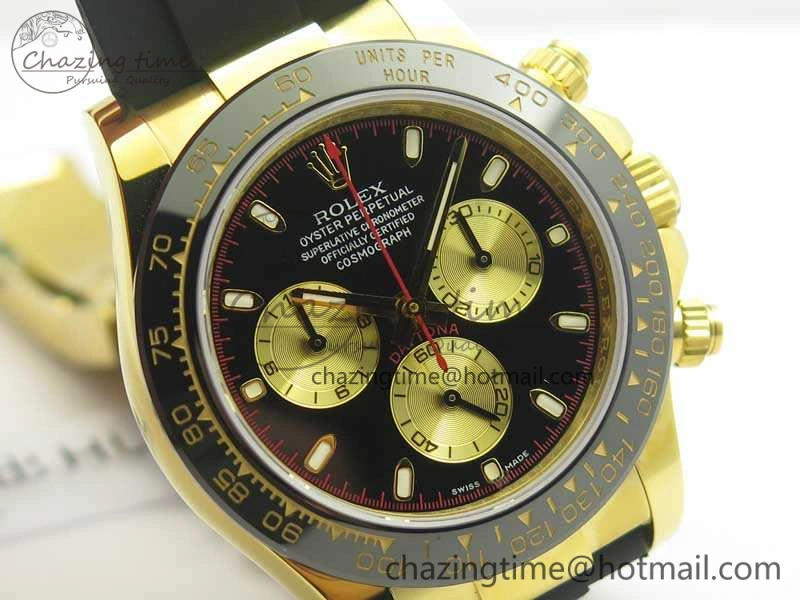 Daytona 116518LN YG JH Best Black Gold Dial On Rubber Strap A4130 (Free XS Rubber )