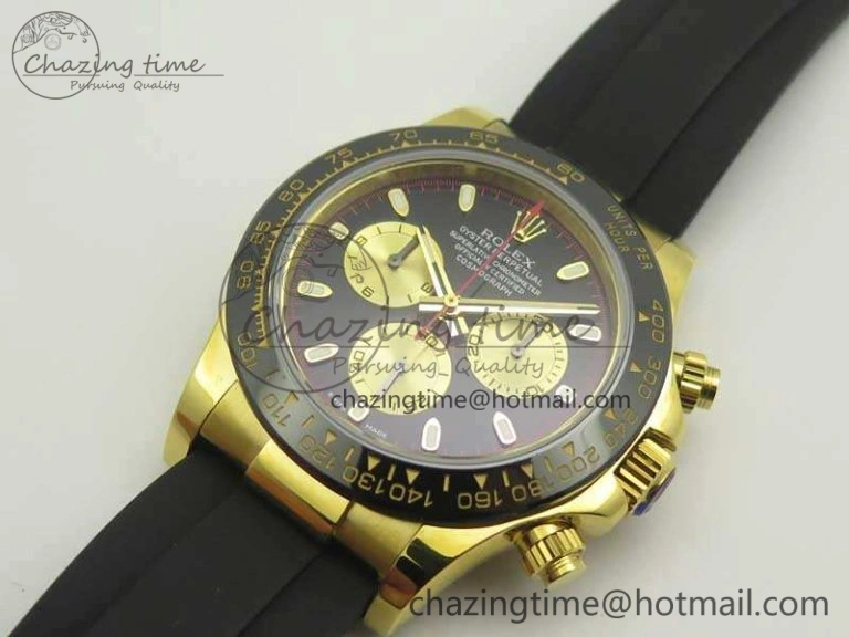 Daytona 116518LN YG JH Best Black Gold Dial On Rubber Strap A4130 (Free XS Rubber )