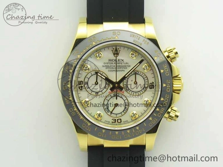 Daytona 116518LN YG JH Best White MOP Diam Dial On Rubber Strap A4130 (Free XS Rubber )