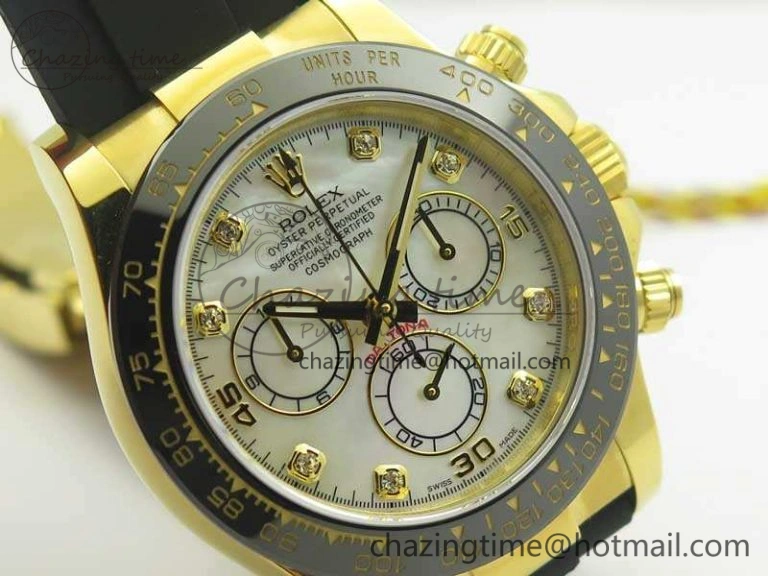 Daytona 116518LN YG JH Best White MOP Diam Dial On Rubber Strap A4130 (Free XS Rubber )