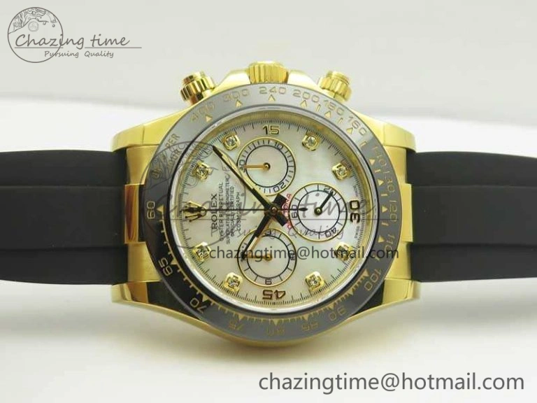 Daytona 116518LN YG JH Best White MOP Diam Dial On Rubber Strap A4130 (Free XS Rubber )