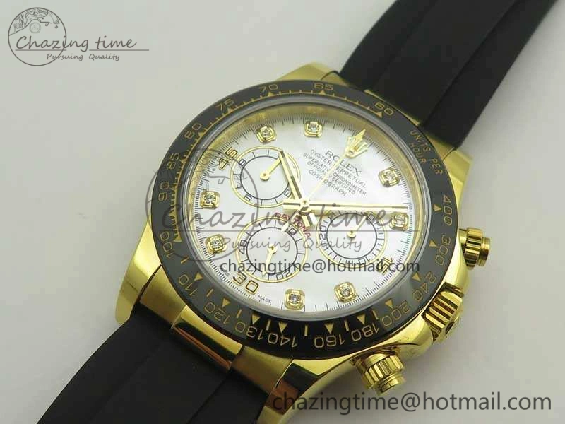 Daytona 116518LN YG JH Best White MOP Diam Dial On Rubber Strap A4130 (Free XS Rubber )