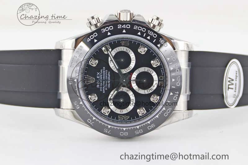 Daytona 116519 SS TWF 1:1 Best Edition 904L Steel Black Diamonds Dial on Oysterflex Strap A7750