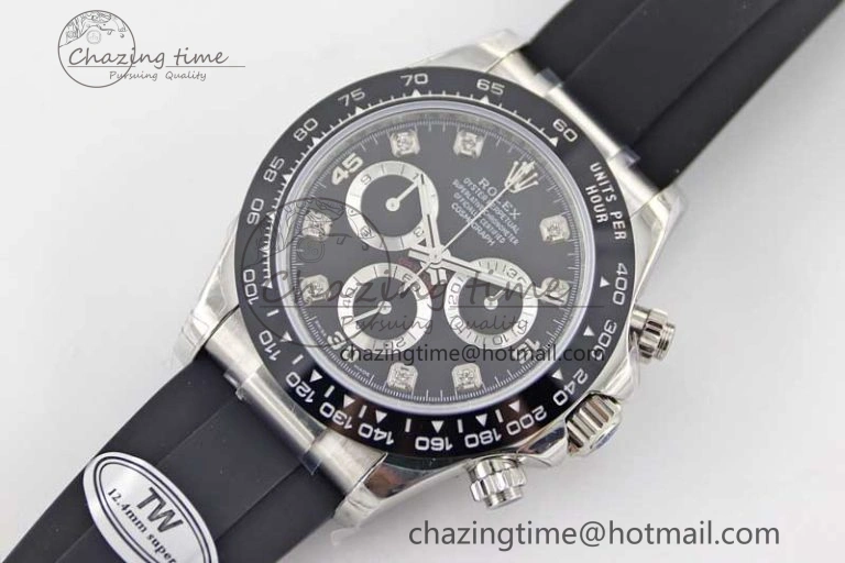 Daytona 116519 SS TWF 1:1 Best Edition 904L Steel Black Diamonds Dial on Oysterflex Strap A7750