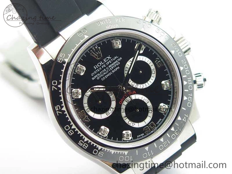 Daytona 116519LN JH Best Edition Black Dial Crystal Markers On Rubber Strap A4130 (Free XS Rubber Strap)