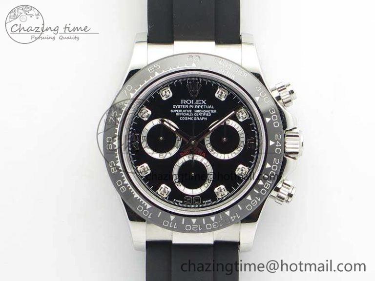 Daytona 116519LN JH Best Edition Black Dial Crystal Markers On Rubber Strap A4130 (Free XS Rubber Strap)