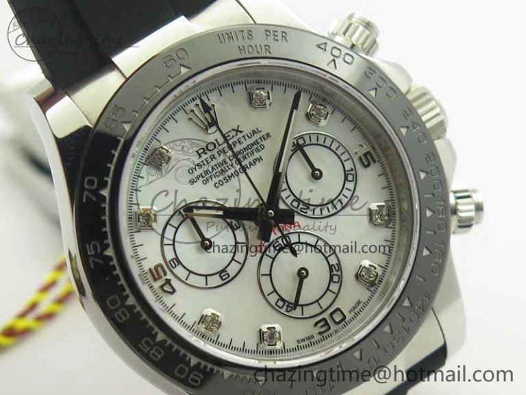 Daytona 116519LN JH Best White MOP Crystal Dial On Rubber Strap A4130 (Free XS Rubber )