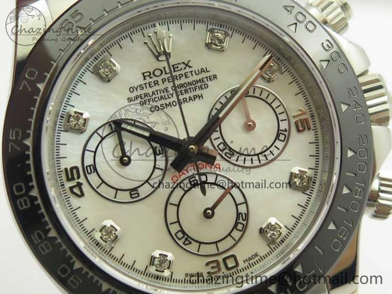 Daytona 116519LN JH Best White MOP Crystal Dial On Rubber Strap A4130 (Free XS Rubber )