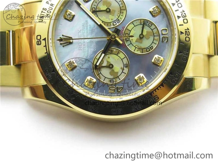 Daytona 116520 YG UBF Best Edition Ice Blue MOP Crystal Markers Dial on YG Bracelet A7750