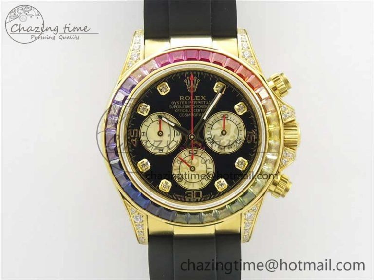 Daytona 116589RBOW YG Rainbow Crystal BLF Best Edition Black Dial on Rubber Strap A4130